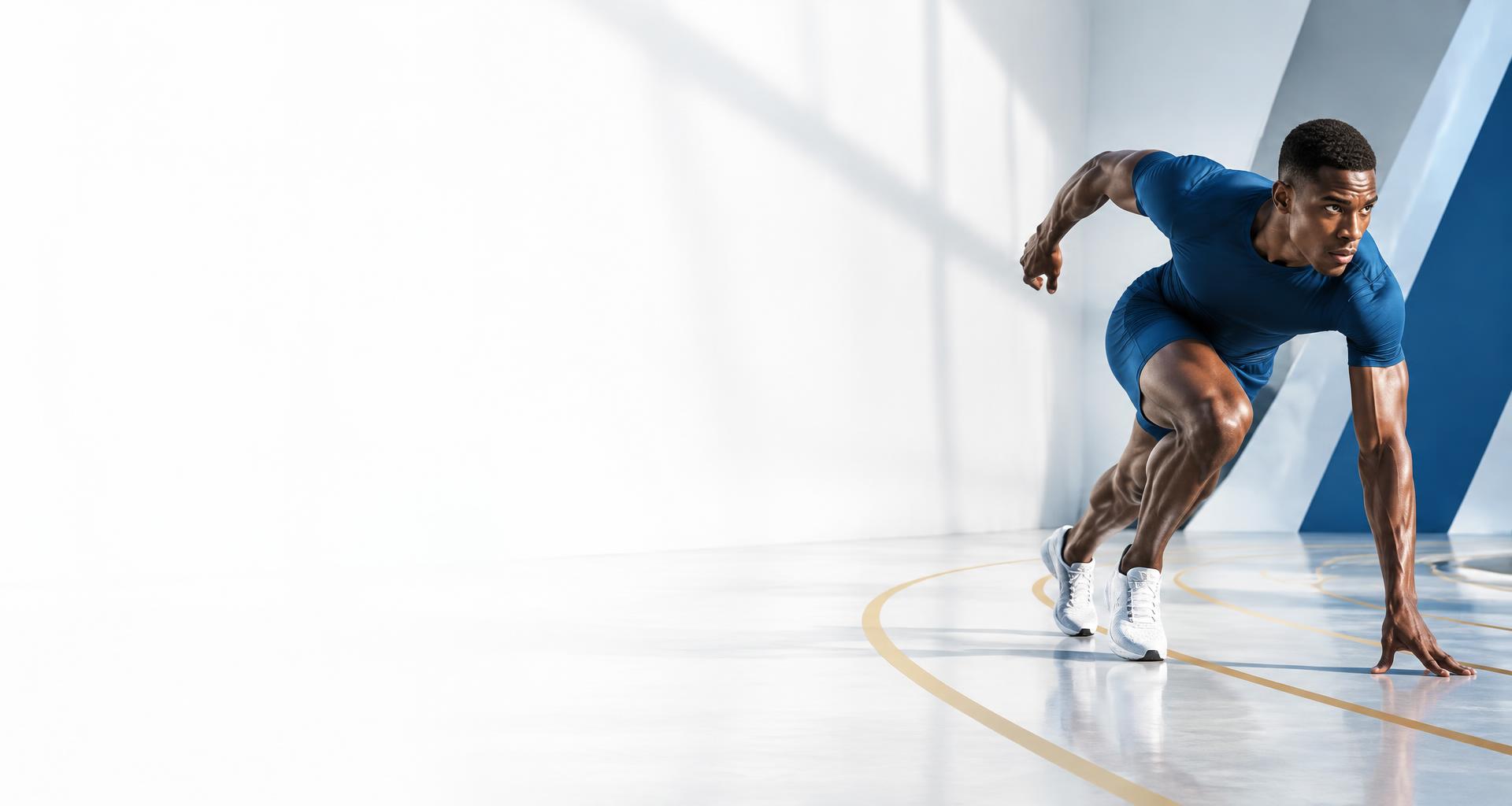 Athlete poised to sprint on a gold-lined training track